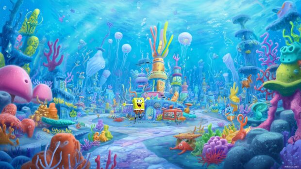 Spongebob Backgrounds, A vibrant underwater city filled with colorful coral reefs and cheerful sea creatures.