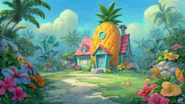 Spongebob Cartoon Backgrounds, A bright and cheerful view of Spongebob pineapple house with a garden filled with flowers.