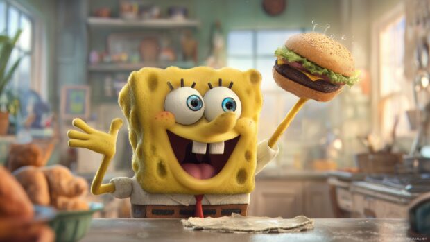 Spongebob Character Backgrounds, A fun portrait of Spongebob happily holding a Krabby Patty in his kitchen.