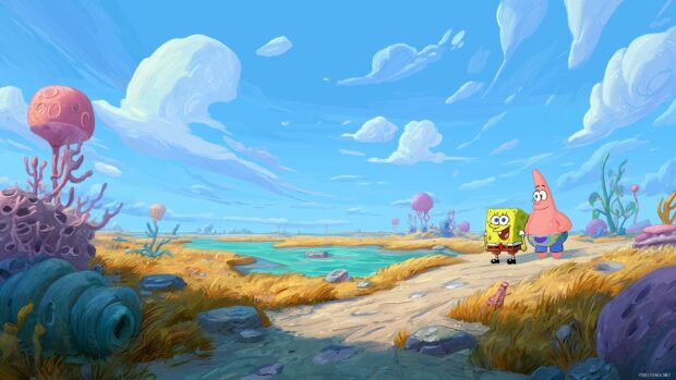 Spongebob Desktop Backgrounds, An adventurous view of Spongebob and Patrick exploring Goo Lagoon on a sunny day.