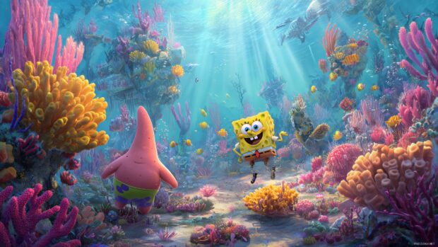Spongebob Desktop Backgrounds, An enchanting underwater scene showcasing Spongebob aquarium done in bright colors and happy vibes.