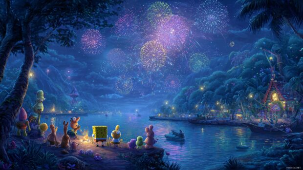 Spongebob Desktop Wallpaper, A magical night at Bikini Bottom with fireworks and characters gathered to watch.