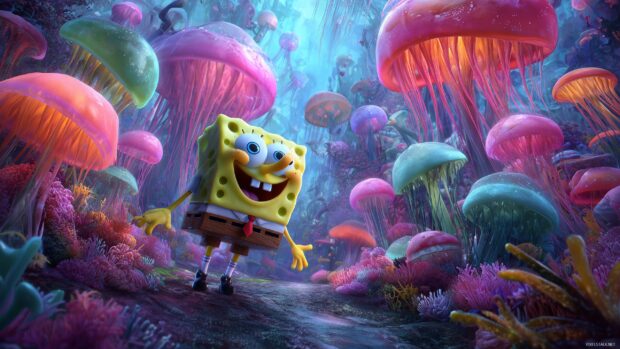 Spongebob HD Backgrounds, A textured artistic rendering of Spongebob antics in a vibrant jellyfish field.