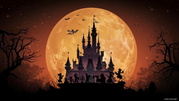 Spooky Disney Backgrounds, A haunted castle silhouette with ghosts of Disney characters floating in front, set against a full moon.