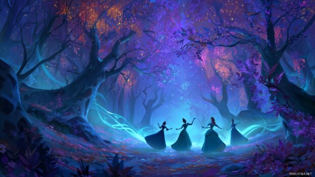 Spooky Disney Backgrounds, An enchanted forest with shadows of Disney princesses dancing among swirling leaves and mysterious lights.