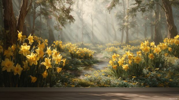 Spring daffodil wallpaper, A breathtaking view of a sunlit meadow filled with clusters of golden daffodils, creating a cheerful and peaceful ambiance.