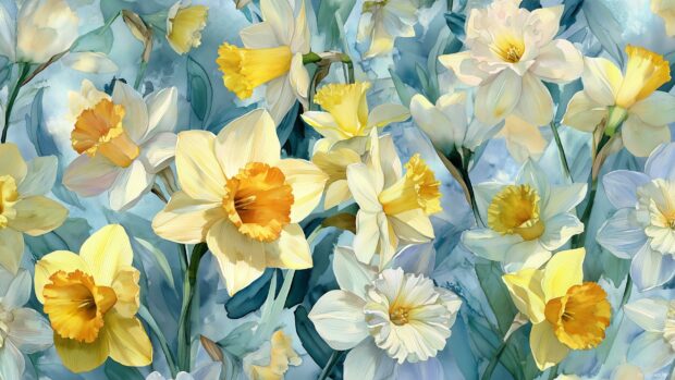 Spring daffodil wallpaper, A watercolor depiction of daffodils in various shades of yellow and white, merging beautifully with a soft wash of blue.