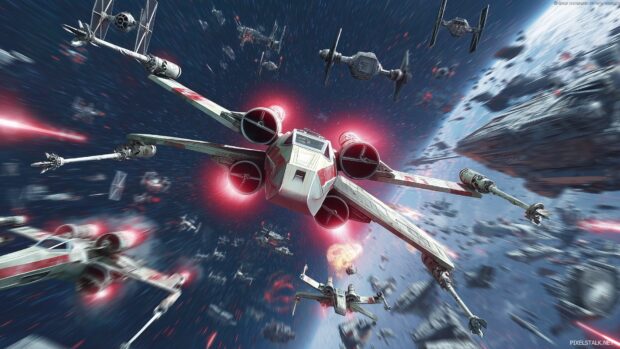 Star Wars Desktop Wallpapers, A dynamic space chase scene featuring X wings and TIE fighters in flight.