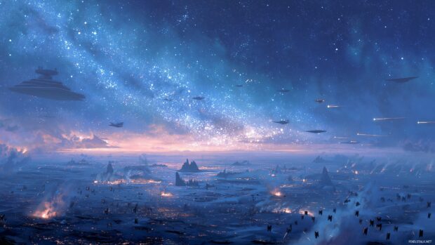 Star Wars Desktop Wallpapers, A panoramic view of an iconic battle scene set against a vast starry sky.