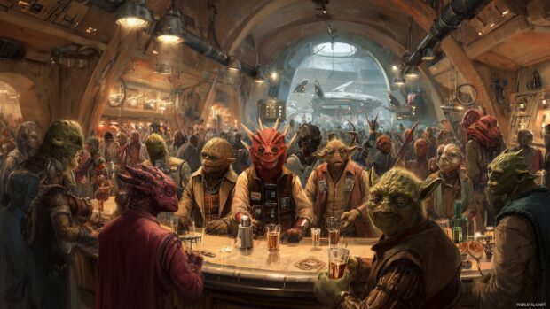 Star Wars Desktop Wallpapers, A vibrant depiction of a bustling cantina scene, filled with diverse alien species.