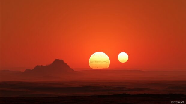 Star Wars Wallpapers 4K, A striking landscape of Tatooine at sunset, featuring two suns setting over the horizon.