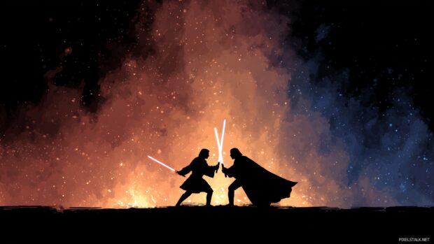 Star Wars Wallpapers 4K, An epic showdown between Jedi and Sith illuminated by the glow of their lightsabers.