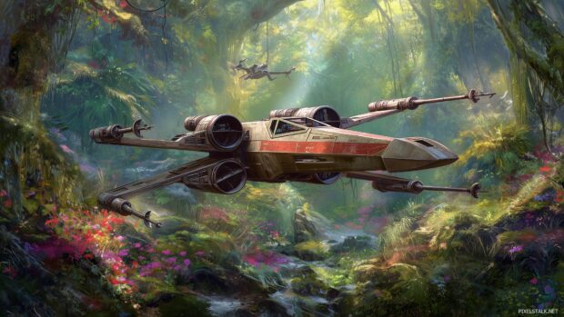 Star Wars Wallpapers HD, A beautifully detailed starship soaring through the lush vegetation of a distant planet.