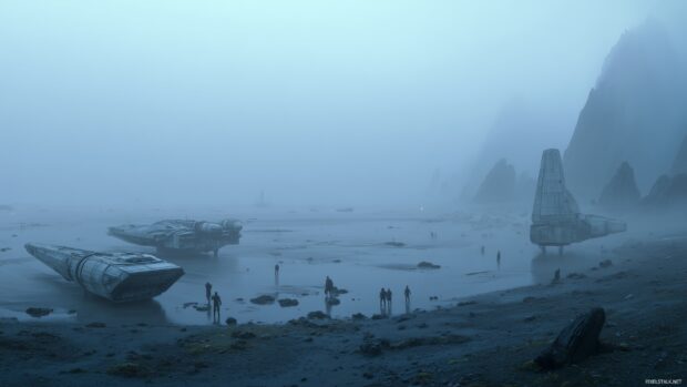 Star Wars Wallpapers HD, A foggy landscape on a mysterious planet with vintage galactic ships scattered around.