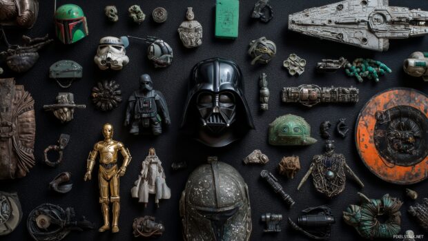 Star Wars Wallpapers HD, A high resolution still life of iconic Star Wars collectibles arranged artfully.