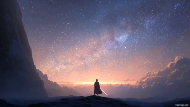 Star Wars desktop wallpaper hd featuring a lone hero standing before a glowing galaxy ridge.