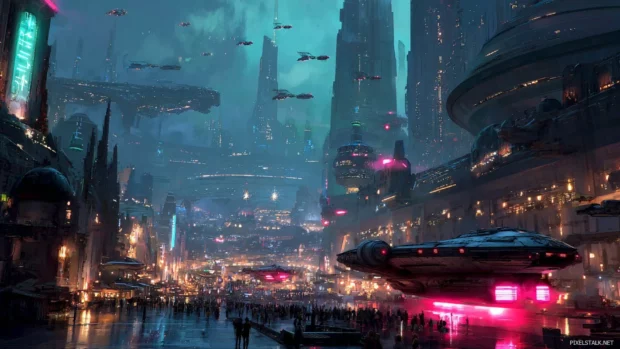 Star Wars futuristic cityscape with neon lights, hovering speeders, and towering space age architecture.