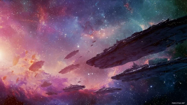 Star Wars legendary starships soaring through the galaxy with vibrant cosmic backgrounds and glowing stars.