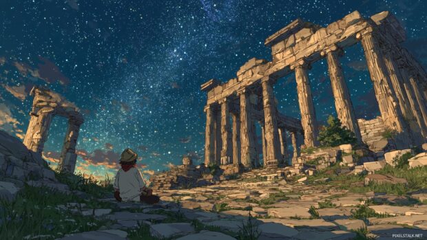 Starlit nights above ancient ruins in 1080p anime backgrounds.