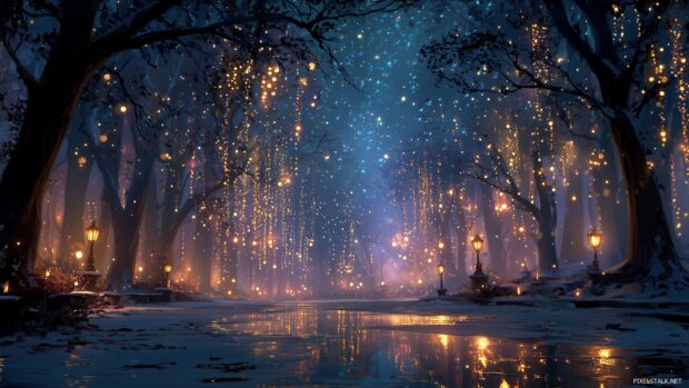 Starlit winter night with festive lights hanging from trees suitable for free download xmas desktop wallpapers.