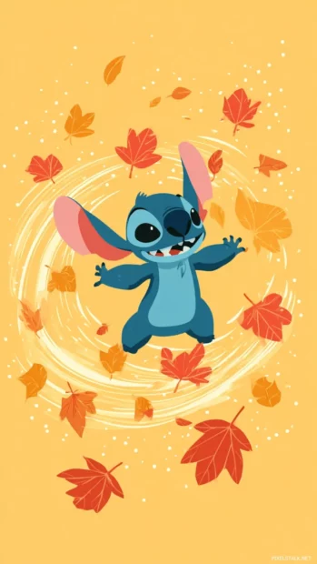 Stitch autumn leaves wallpaper iPhone version with dynamic leaf swirl encircling Stitch in midair.