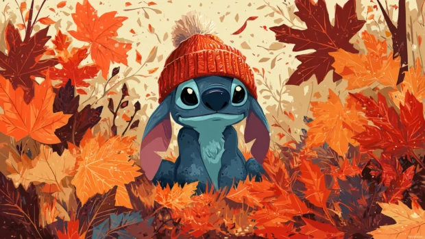 Stitch autumn wallpaper featuring cozy Stitch wearing a beanie among amber maple foliage.
