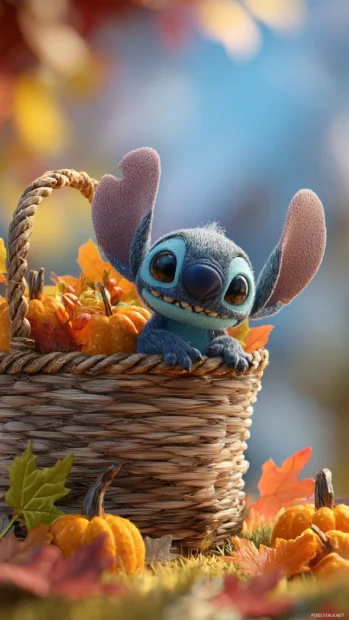 Stitch collecting small pumpkins and colorful Fall leaves in a basket on a sunny autumn afternoon.