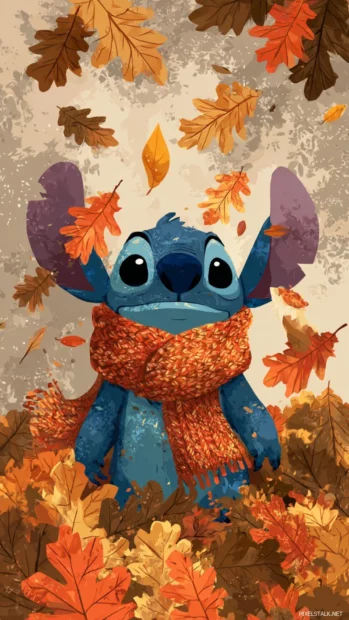 Stitch cozy fall wallpaper iPhone scene featuring Stitch wrapped in scarf amid falling oak leaves.