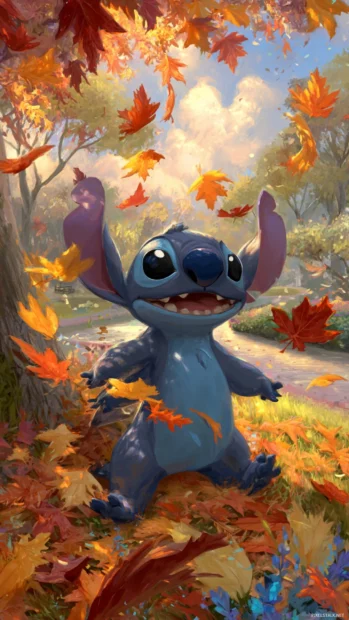 Stitch enjoying the Fall breeze as colorful leaves swirl around him in a peaceful park setting.