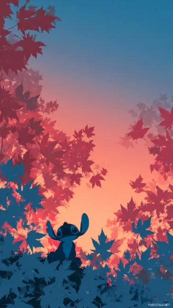 Stitch fall foliage wallpaper iPhone format with layered silhouettes of Stitch and maple foliage at dusk.