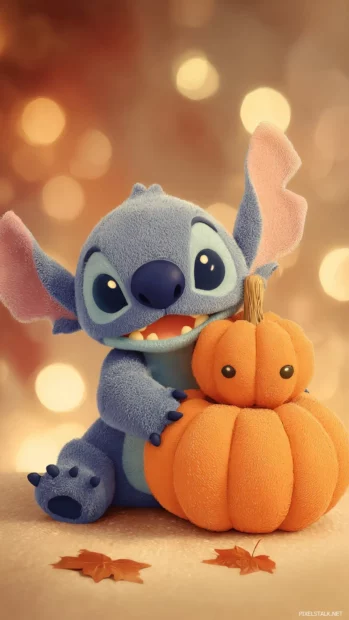 Stitch fall iPhone wallpaper capturing Stitch cuddling with a plush pumpkin under soft fall light.