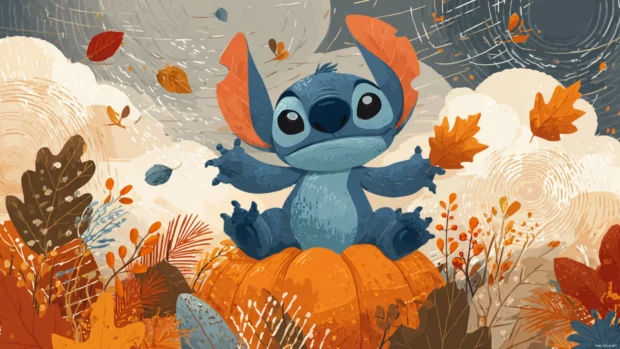 Stitch fall wallpaper with autumn leaves swirling around playful Stitch sitting in a pumpkin patch.