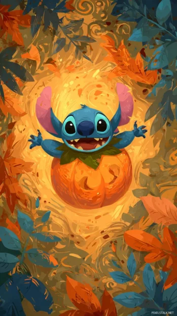 Stitch halloween fall wallpaper iPhone version showing Stitch in pumpkin costume among swirling leaves.