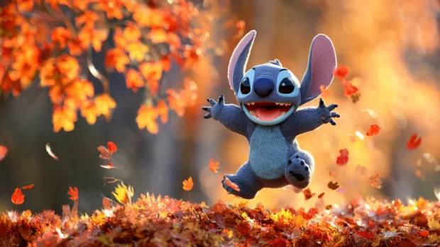 Stitch having fun jumping into piles of autumn leaves under trees with bright orange and red foliage.