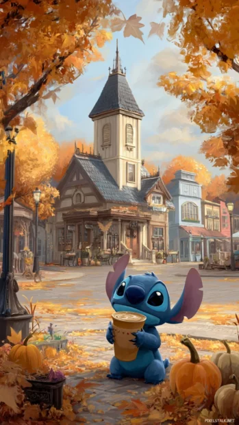 Stitch holding a pumpkin latte surrounded by swirling Fall leaves in a charming autumn town square.