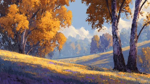 Stitch in a Fall landscape with tall trees shedding their golden leaves and a gentle breeze blowing.