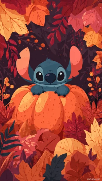 Stitch in pumpkin fall wallpaper iPhone design capturing Stitch popping out from a giant pumpkin surrounded by fall leaves.