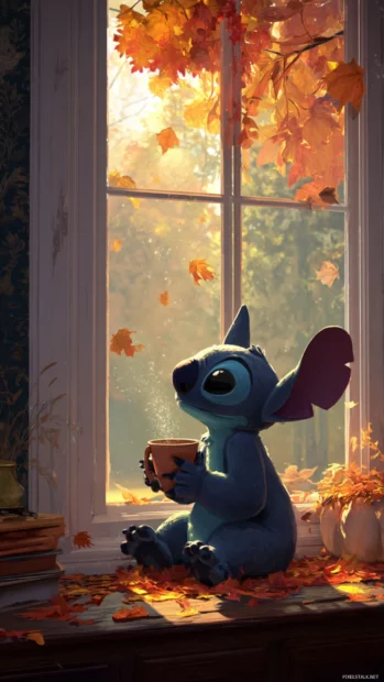 Stitch sitting by a window with Fall leaves scattered outside, sipping a warm drink on a crisp afternoon.