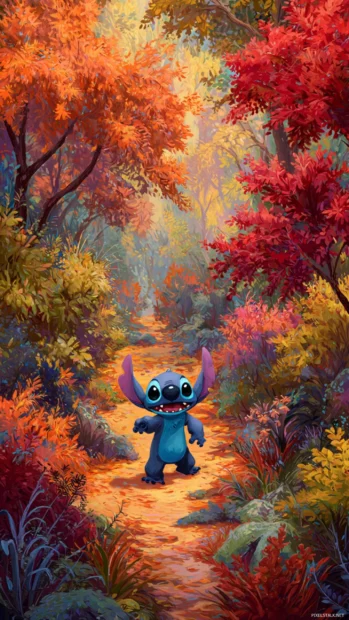 Stitch strolling through a forest trail lined with vibrant Fall trees, his playful energy matching the lively season.