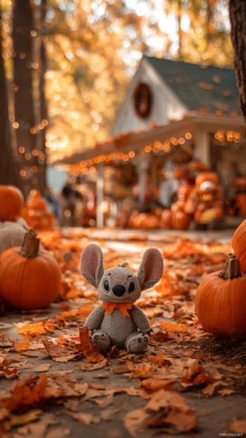 Stitch surrounded by pumpkins and fallen leaves at a cozy Fall fair with soft golden light filtering through the trees.