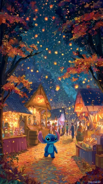 Stitch walking through a Fall festival, with colorful leaves falling around food stalls and glowing lanterns.