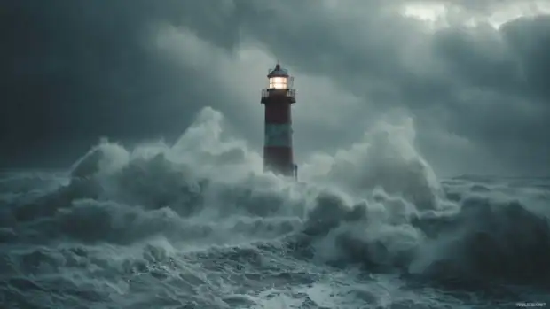 Storm lighthouse wallpaper hd illustrating violent ocean waves crashing around a beacon during tempest.