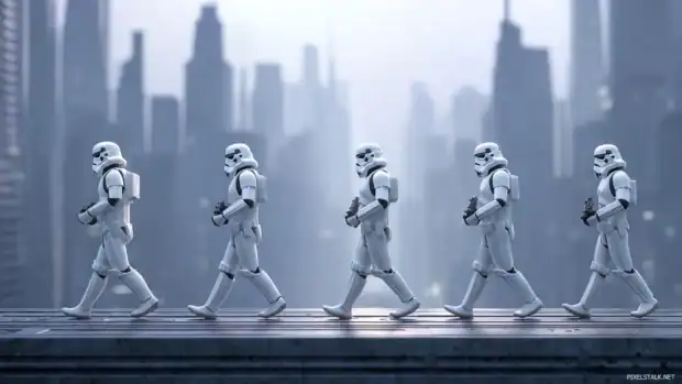 Stormtrooper figures marching across a monolithic cityscape in a star wars stormtrooper wallpaper scene.