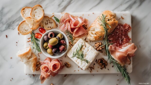 Stunning food images HD featuring an elegantly arranged charcuterie board on a marble surface.