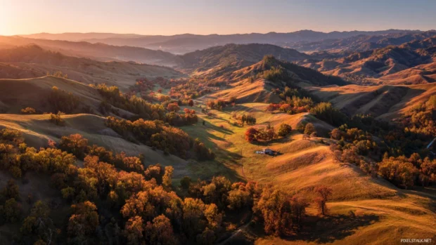 Sunset transforms an autumn landscape into a glowing wonder, with long shadows stretching across golden hills.