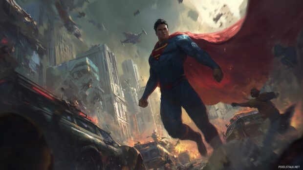 Superman action wallpaper, An adrenaline fueled illustration of Superman saving citizens amidst a dramatic rescue mission.