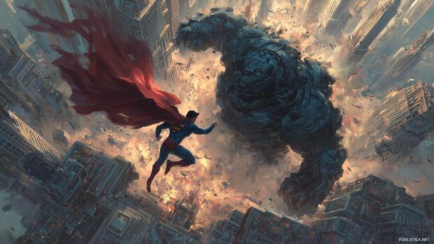 Superman art wallpaper HD, An artistic interpretation of Superman battling a formidable villain in a bustling cityscape.