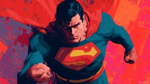 Superman desktop wallpaper, A classic comic book style rendition of Superman in his iconic pose, ready to take flight.