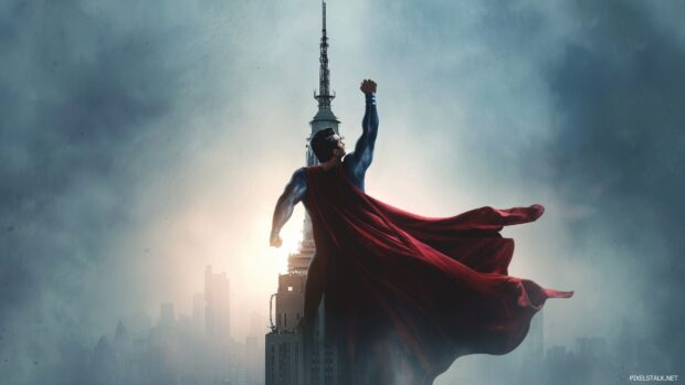 Superman heroic wallpaper, A powerful image of Superman raising a landmark, symbolizing hope and strength.