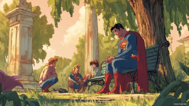 Superman legacy wallpaper, A heartwarming depiction of Superman mentoring the next generation of heroes in a serene park setting.